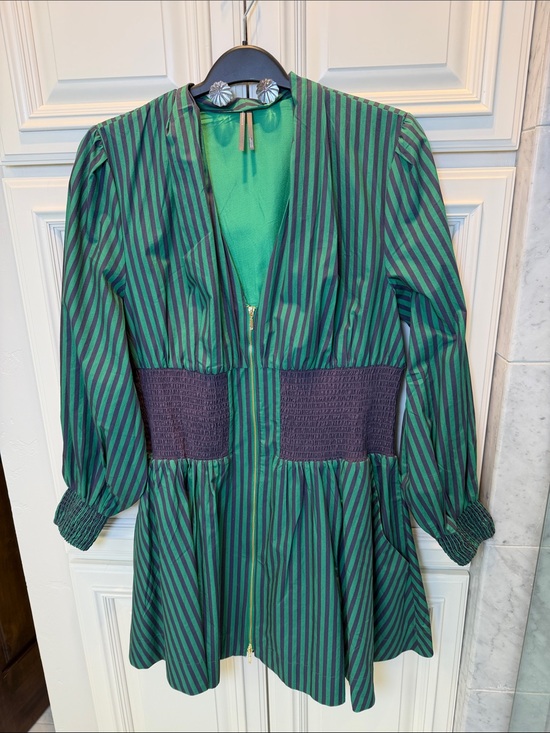 Anthropologie Dresses & Skirts - Anthropologie Tommie Green & Navy Striped Long-Sleeve Dress with Smocked Waist